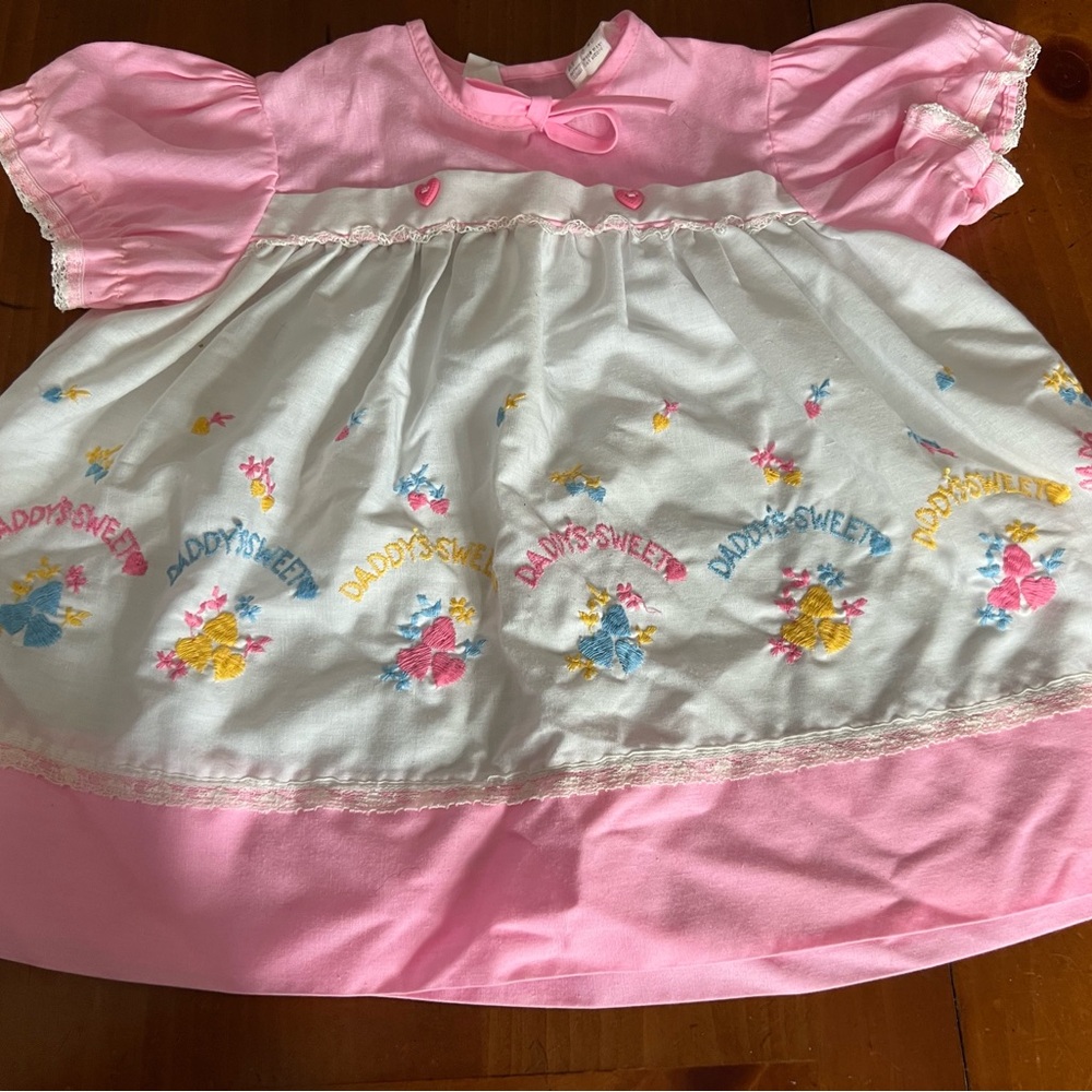 Vintage 12-18M Pink and White Baby Dress with Embroidered Details